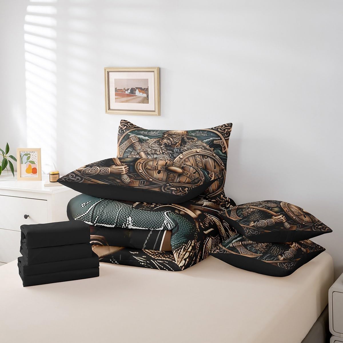 Erosebridal Viking Norse Queen Comforter Set 7 Piece Ancient Viking Nautical Bed in A Bag for Kids Boys Teen,Vintage Exotic Tribe Decor Bedding Set Ocean Adventure Bed Set