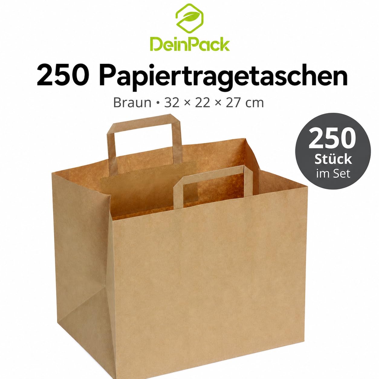 250 Papiertragetaschen 32x22x27 cm braun biologisch abbaubar