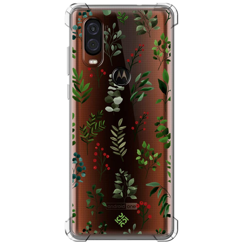 Movilshop Anti-Shock Case for Motorola One Vision Botanical Drawing [Green Leaves Branches – Botanical Foliage] Reinforced Corner Silicone 1.5 mm Thick Flexible Transparent Bumper Gel TPU