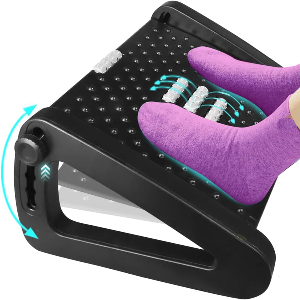 Adjustable Under Desk Footrest - Foot Rest with Large Roller Massage - Foot Stool Under Desk with 6 Height Position - Ergonomic Foot Rest with Massage Function for Home, Office