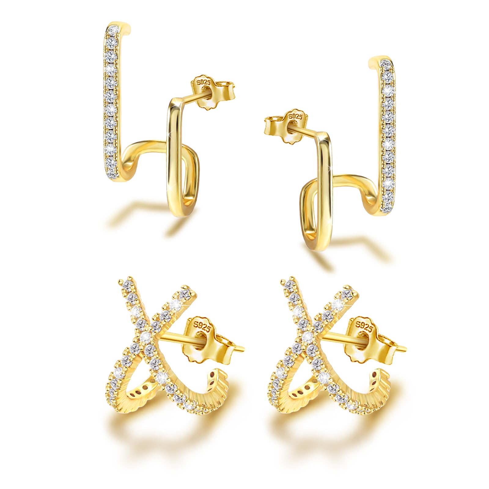 ElensanClaw Cuffs Earrings for Women, 14K Gold Plated Half Hoop Stud Earrings Cubic Zirconia Hypoallergenic Jewelry Double Gold Claw Hoop Earrings Birthday Gift for Women Girl Teen