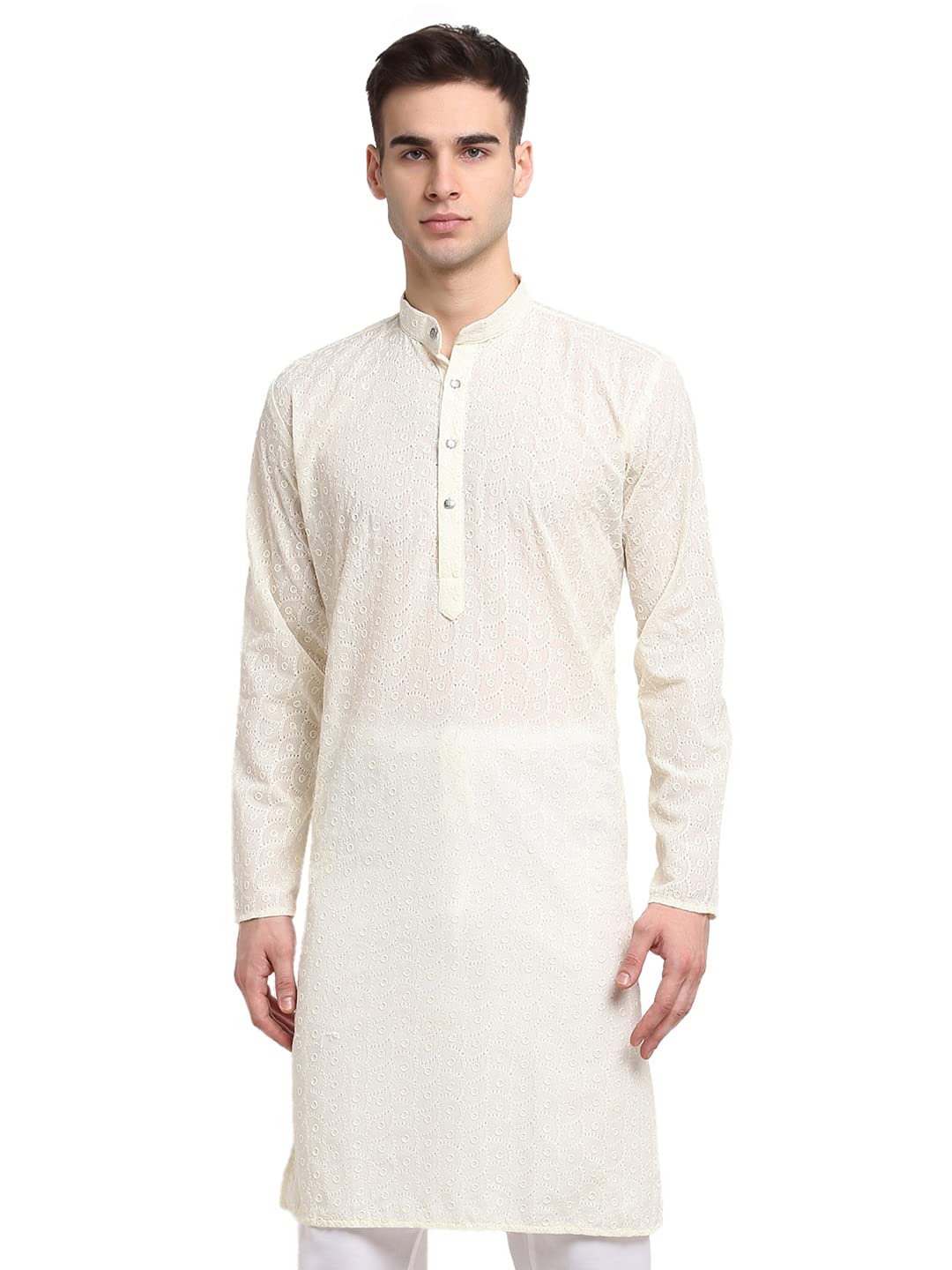 jompers Men Cream & White Self Design Kurta-picture-36