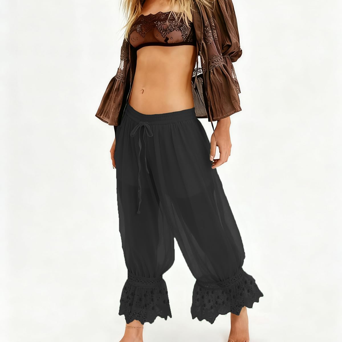 Women Lace Trim Long Bloomer Pants Y2K Ruffle Pettipants Pantaloons Vintage See Through Summer Beach Cropped Pants