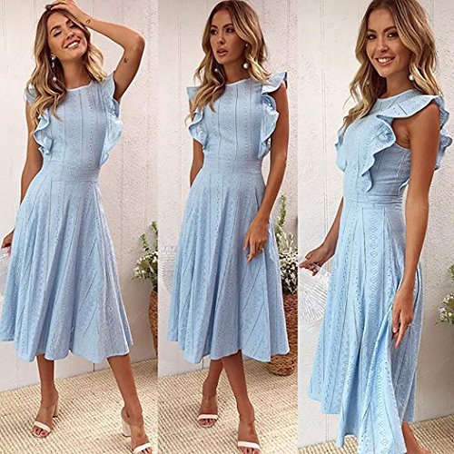 ECOWISH Womens Dresses Elegant Ruffles Cap Sleeves Summer A-Line Midi Dress Blue S