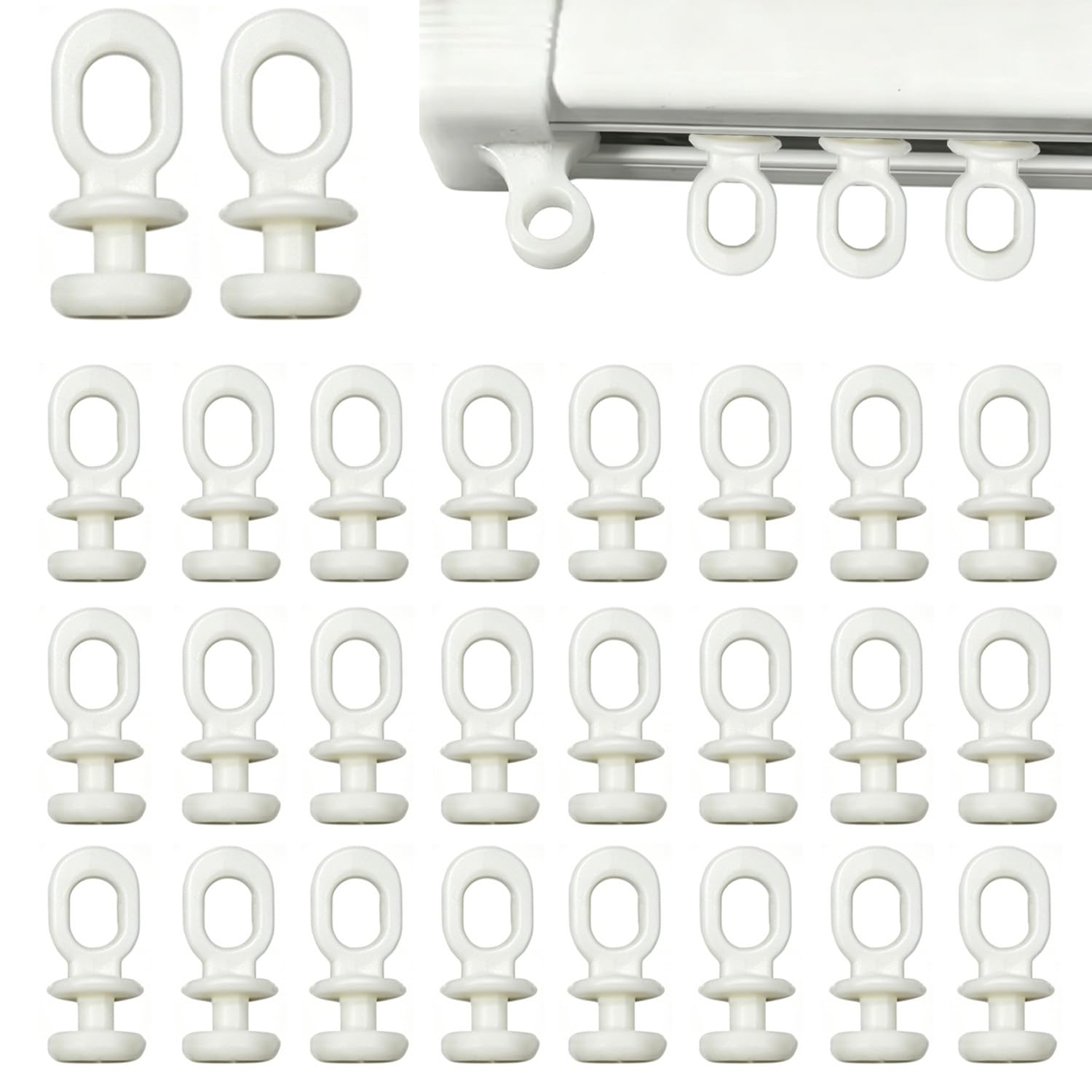 Rxkfigx White 100Pcs Multi-Use Plastic Curtain Track Gliders And Hooks - Rail Slider Hooks Rollers Wheel For Window, Door, Bathroom, Caravan