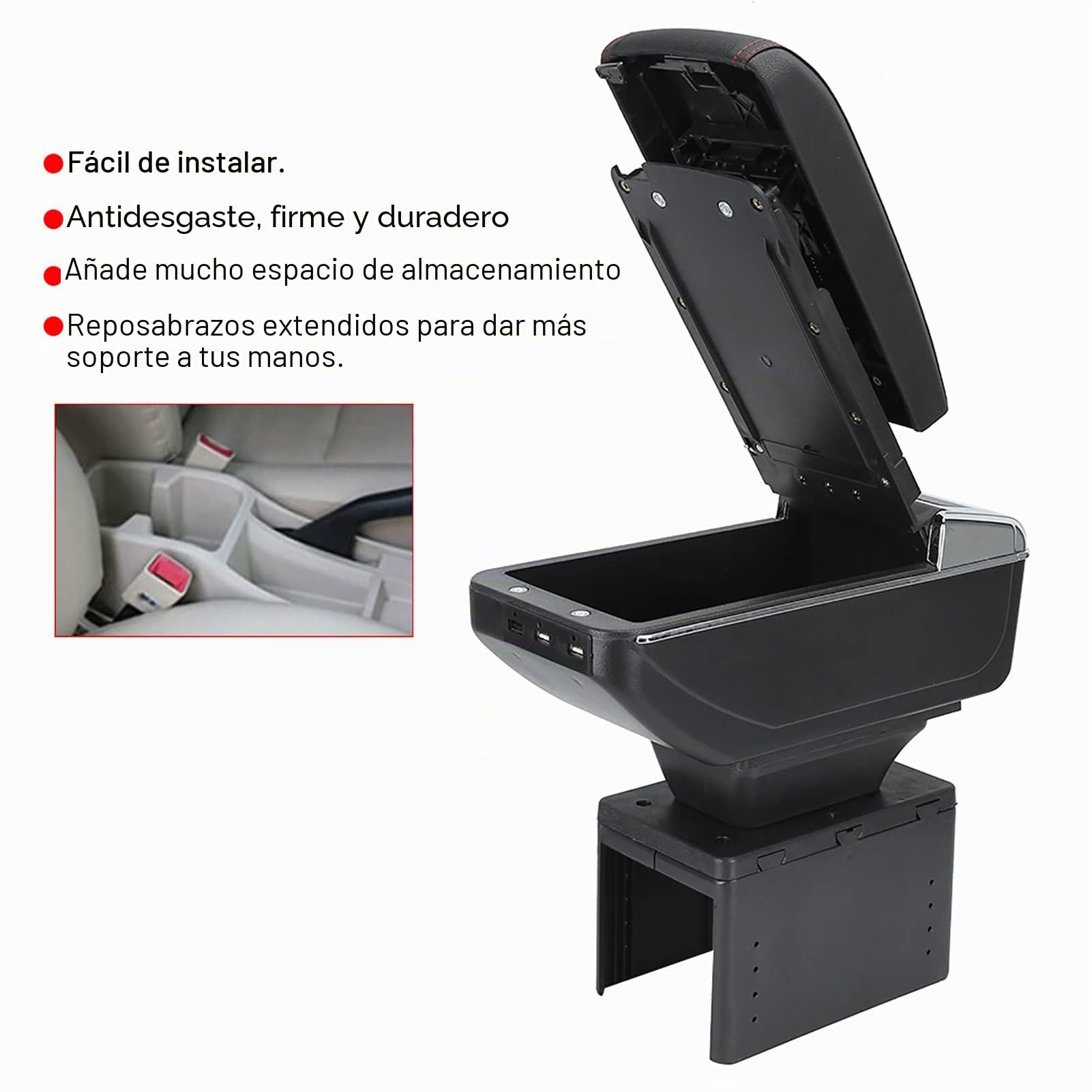 Reposabrazos Central para Automóvil, Caja de Reposabrazos de Doble Capa para Consola Central, Reposabrazos de Consola Central Universal con Puertos USB, Caja de Almacenamiento