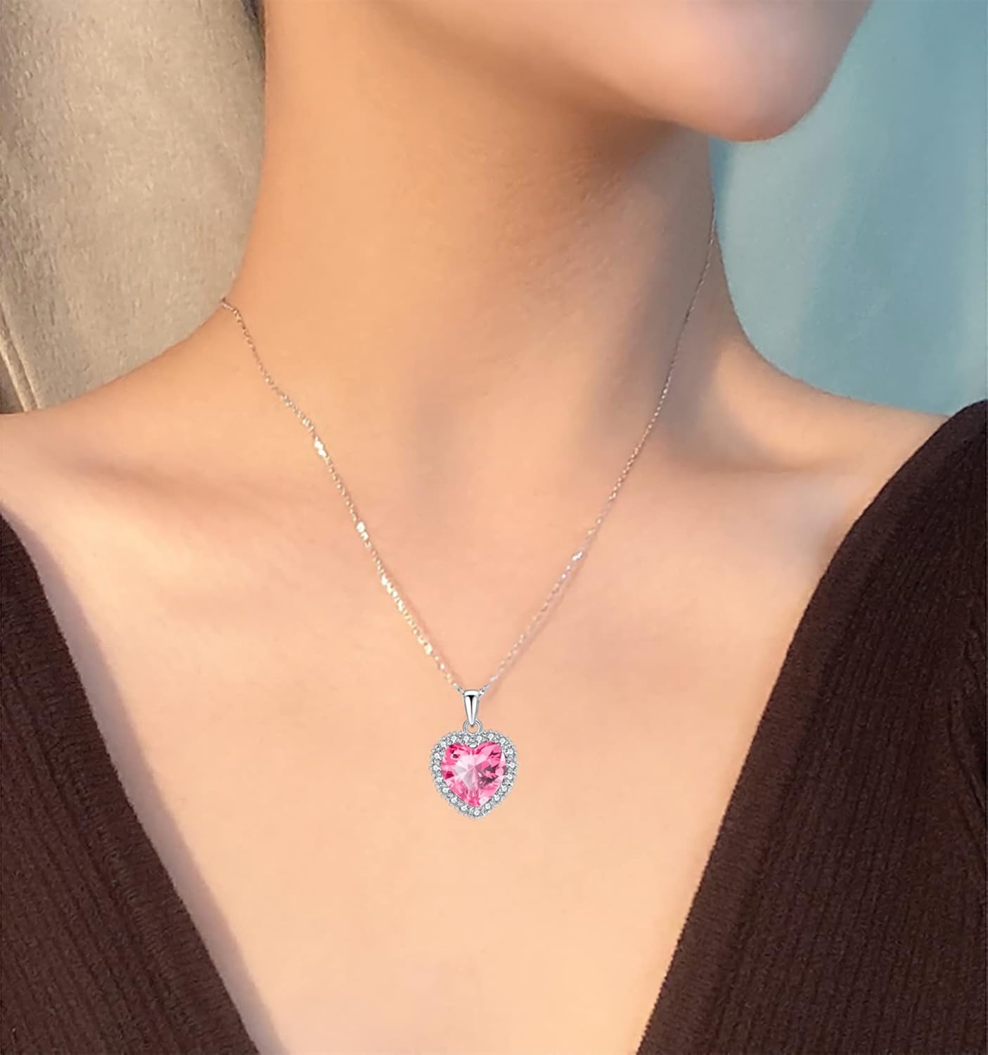 VONSSY Classic Heart Pendant Gemstone Necklace | Crystal Cubic Zirconia Birthstone Ruby Emerald Sapphire Necklace| 18K Platinum Gold Plated Chain | Vintage Meaningful Jewelry Gift for Mother Wife - Image 4