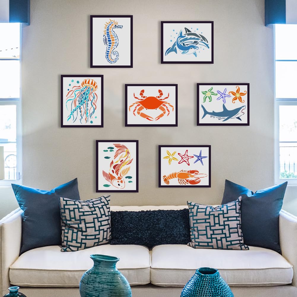 FINGERINSPIRE 9 pcs Aquatic Creatures Painting Stencil 21x29.7cm Seahorse Jellyfish Koi Dolphin Crab Starfish Lobster Shark Whales Drawing Template for Painting on Wood Wall Fabric Furniture - Image 4