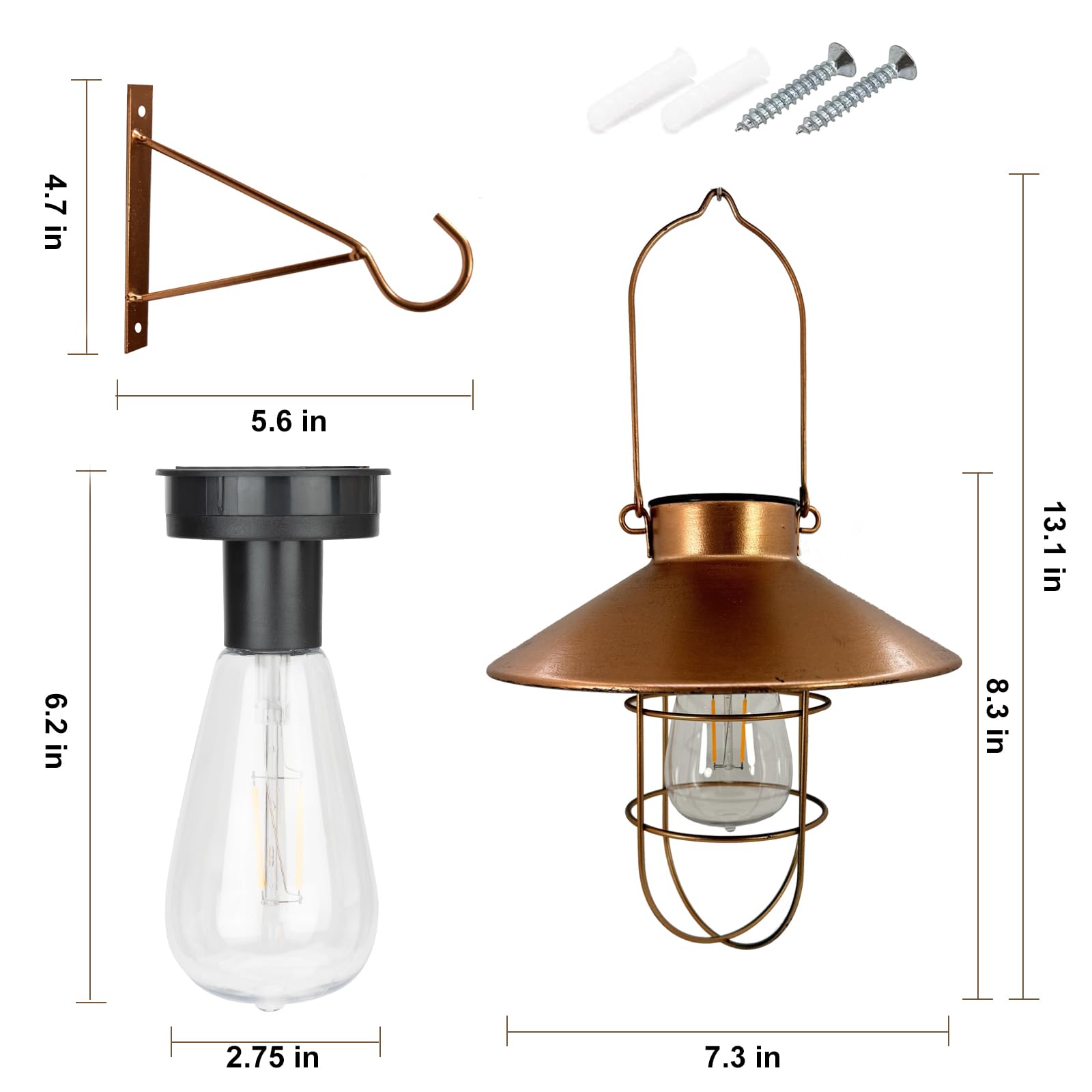 Hängende Solarlaterne für den Außenbereich, Kupfer, kleine Metall-Laternen mit Haken, warmweiß, Solar-Hängeleuchten, wasserdicht, Edison-Glühbirnen-Design für Garten, Hof, Terrasse, Veranda, Baumdekor