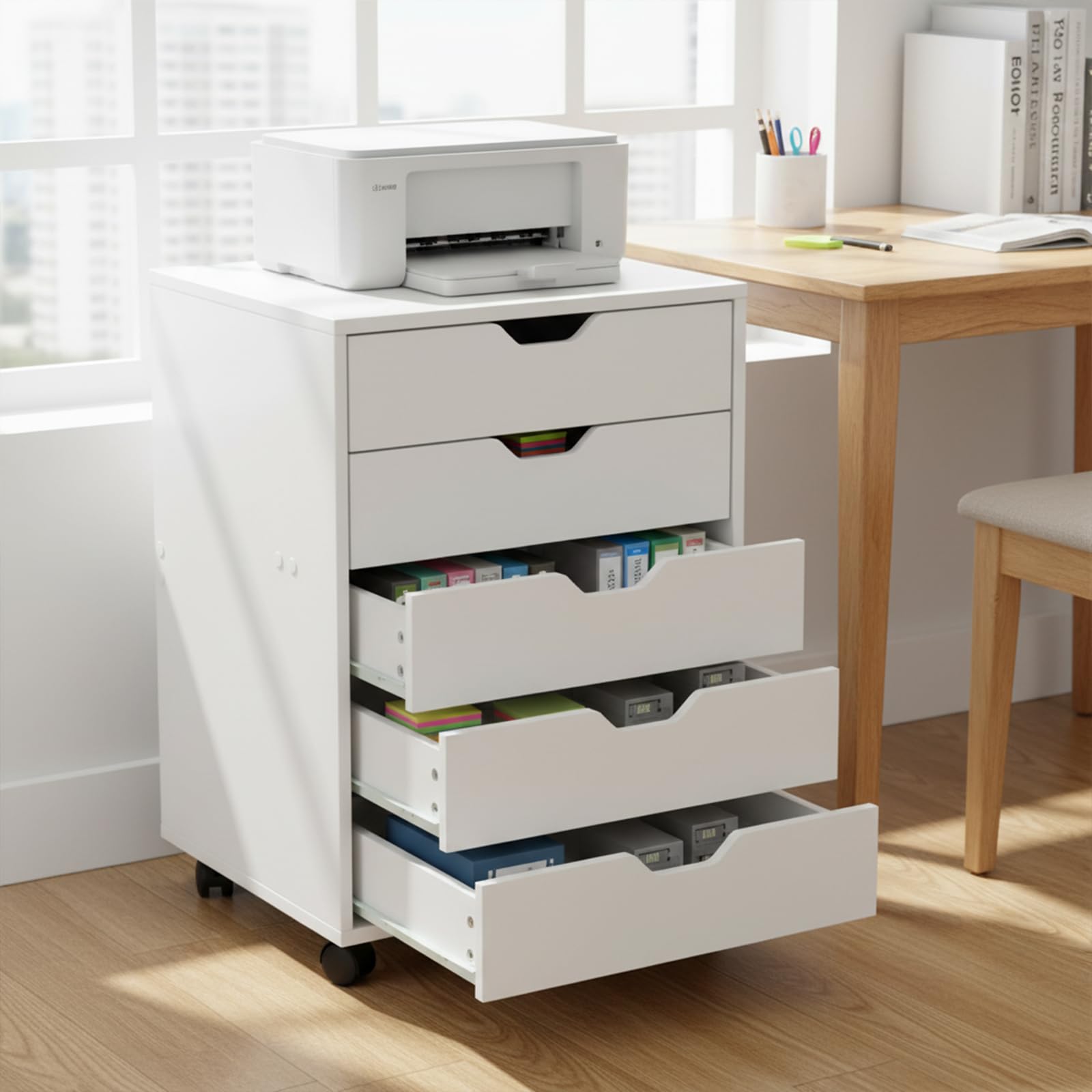 Cajonera Oficina, Cajonera Escritorio con 5 Cajones, Multiusos Armario Archivador Móvil con 4 Ruedas para Bajo Escritorio Casa, Soporte para Impresora, 65cm Alto, Blanco