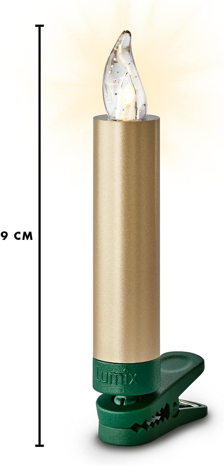 A single gold KRINNER LUMIX Superlight Mini LED candle with a green clip, showing its 9 cm height.
