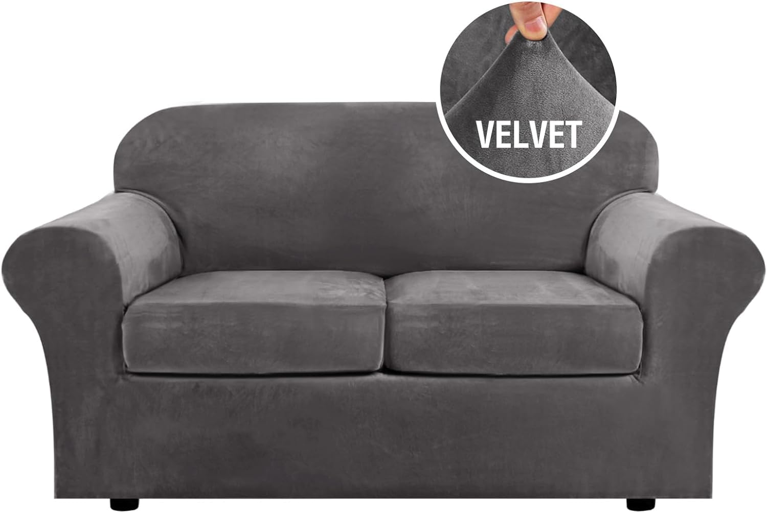 LINGKY Velvet Sofa Cover 2 Seater With 2 Separate Sofa Seat Cushion Covers, Stretch Couch Cover Non-Slip Sofa Slipcovers for Living Room Furniture Protector (Gray,2 Seater)