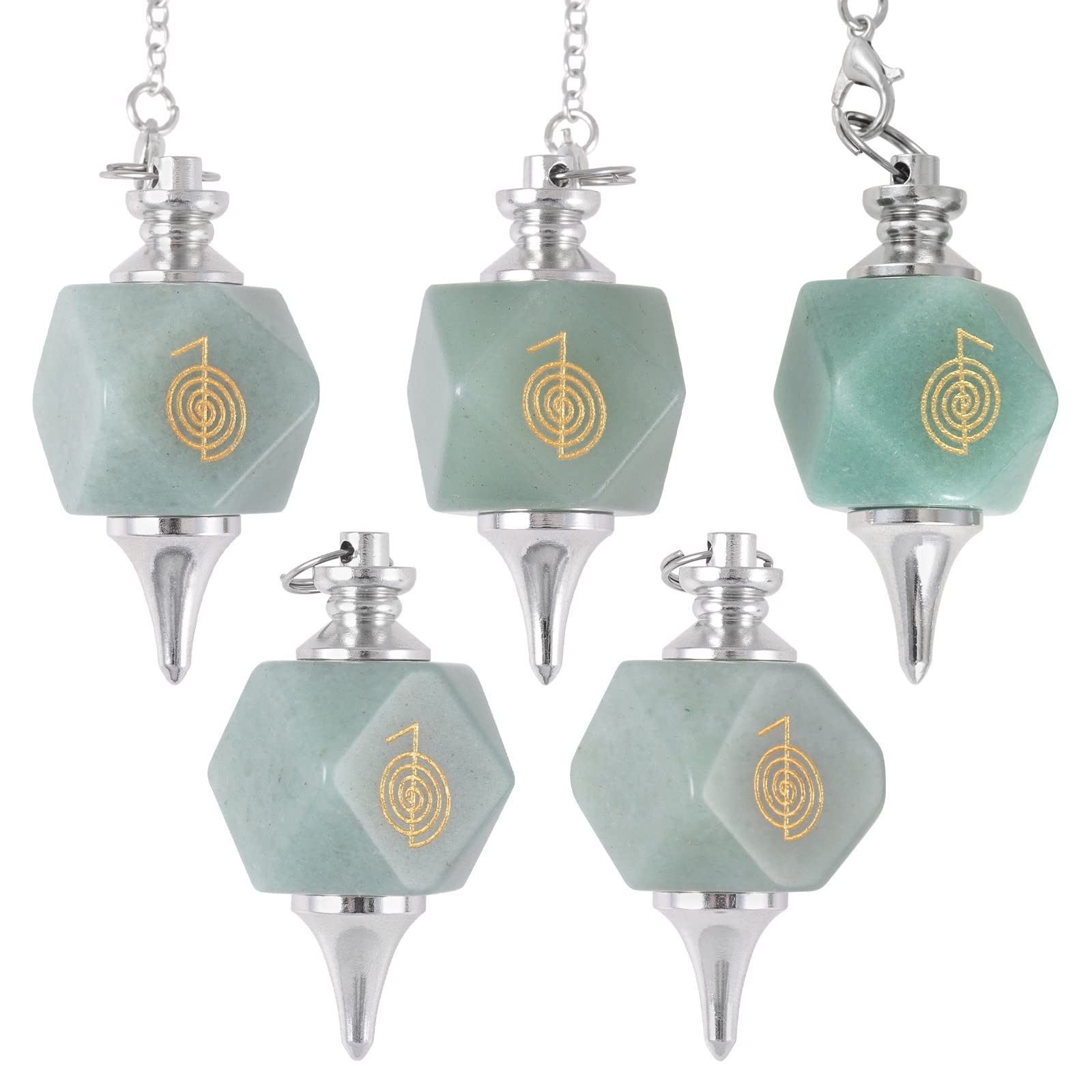 Mookaitedecor - Péndulo de cristal natural con símbolo reiki para radiestesia y adivinación, péndulo poliédrico de piedra de cristal reiki con cadena para meditación y herramienta wicca, Aventurina