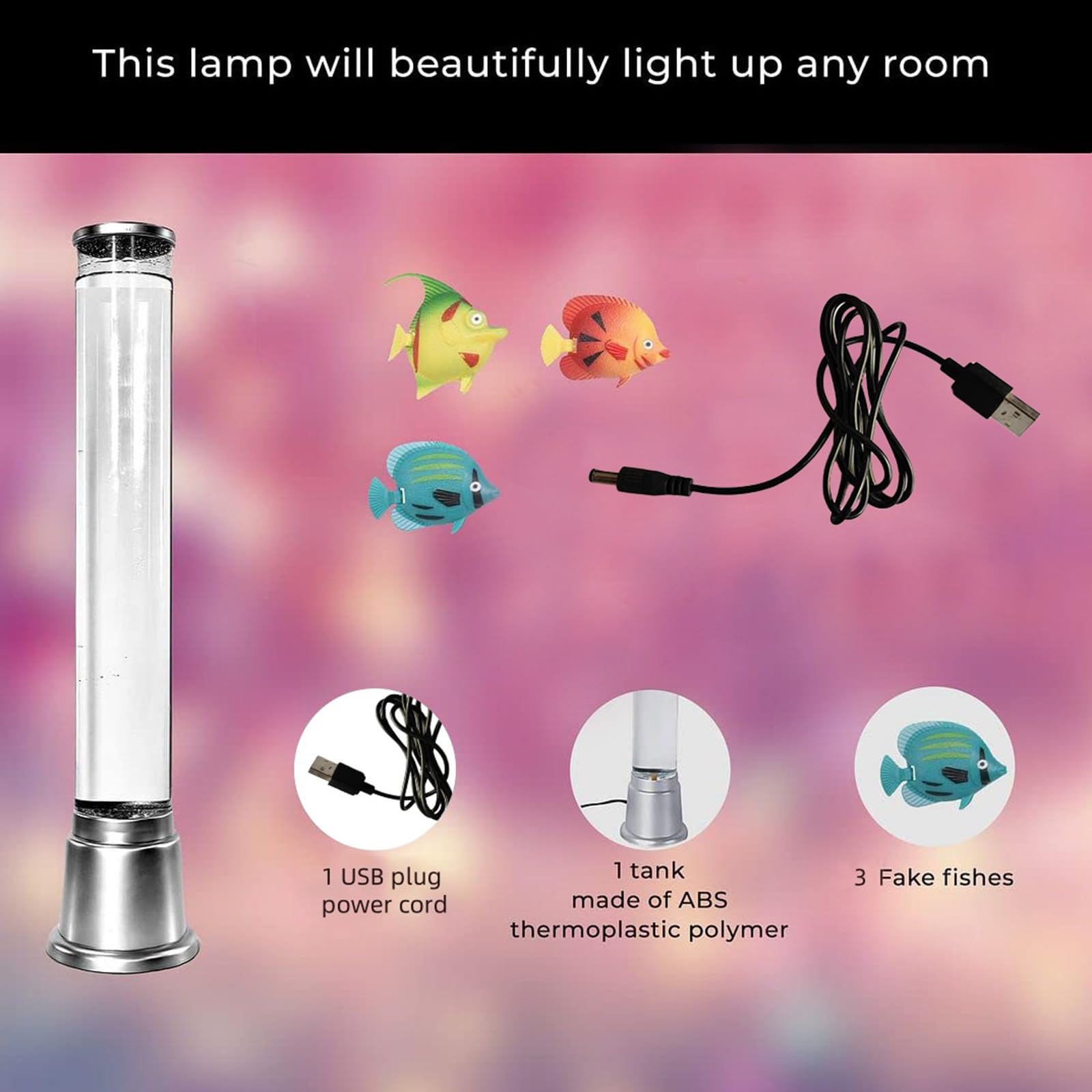 Lampa lawowa Bubble Fish 2,55 stopy LED z lampką nocną i 3 zmieniającymi się rybami, prezentem dla dzieci, dorosłych, osób z ADHD i autyzmem