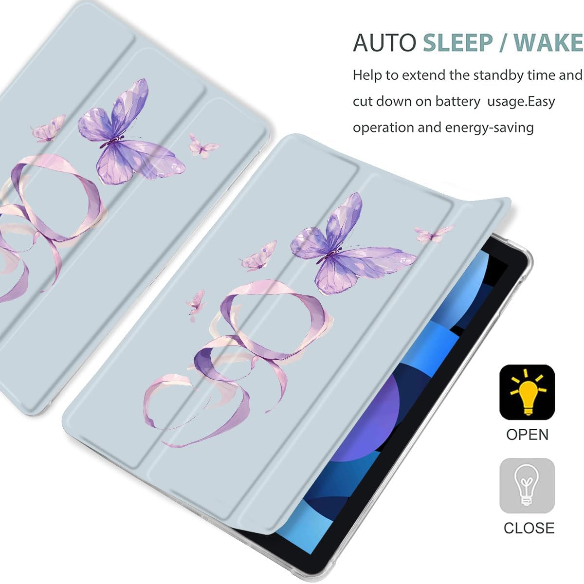 MAYCARI Butterfly Ribbons Fashion Case for iPad 10.9 inch 2022 with Pencil Holder, Original Pattern iPad 10th Generation Soft TPU Back Protective Cover Shell, Auto Sleep/Wake Slim Shell - Blue