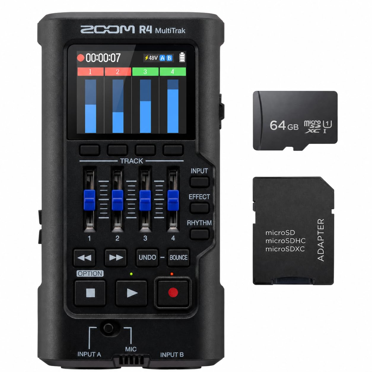 Zoom R4 Multi-Track Recorder for Musicians with 2 XLR/TRS Combo Inputs Bundle with 64GB MicroSD Card and Adapter