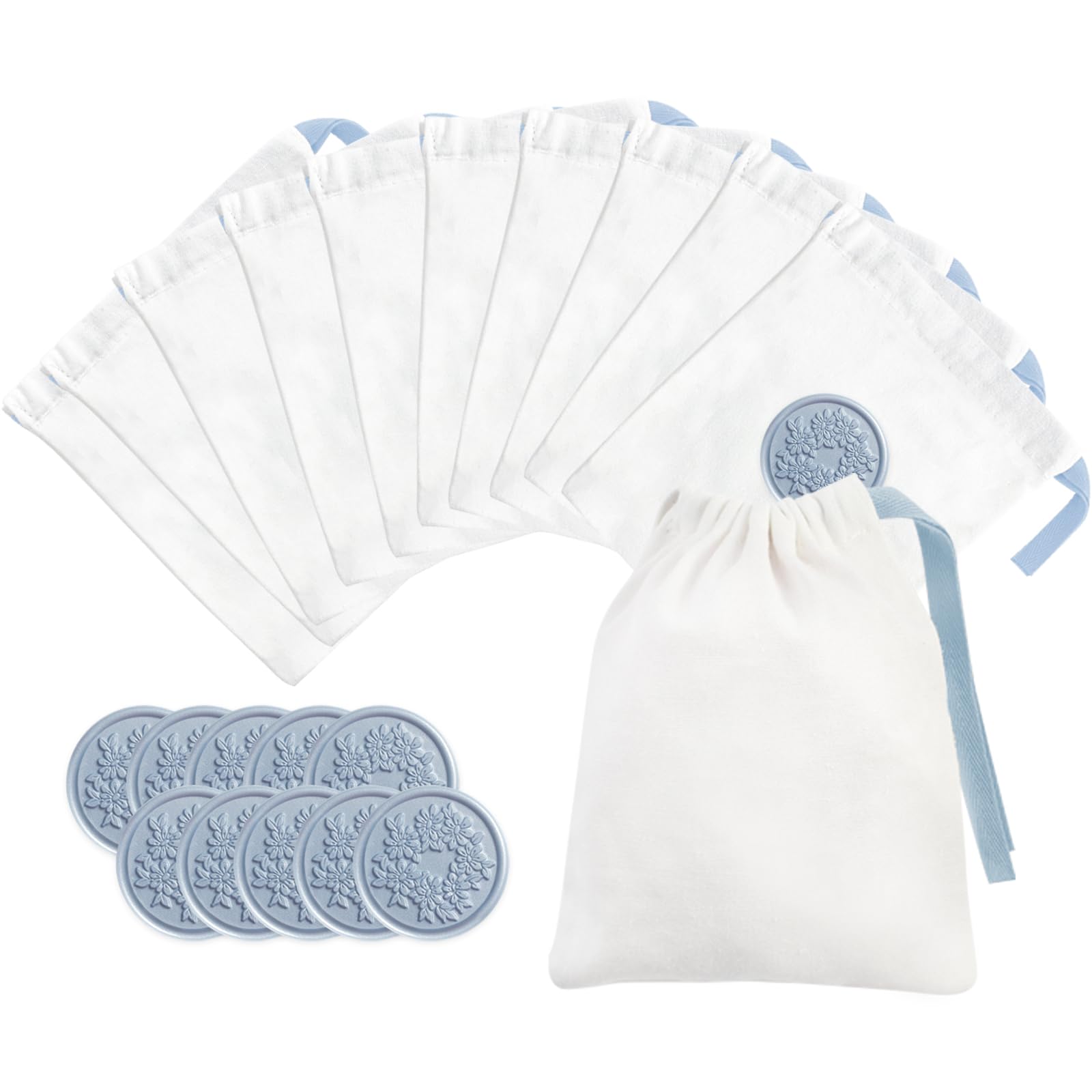 JagerGreen White Gift Bag with Blue Drawstring, 5.2x6.5 Inches 10 Pcs Drawstring Gift Bags with Stickers for Party, Wedding Favor, Christmas, Birthday