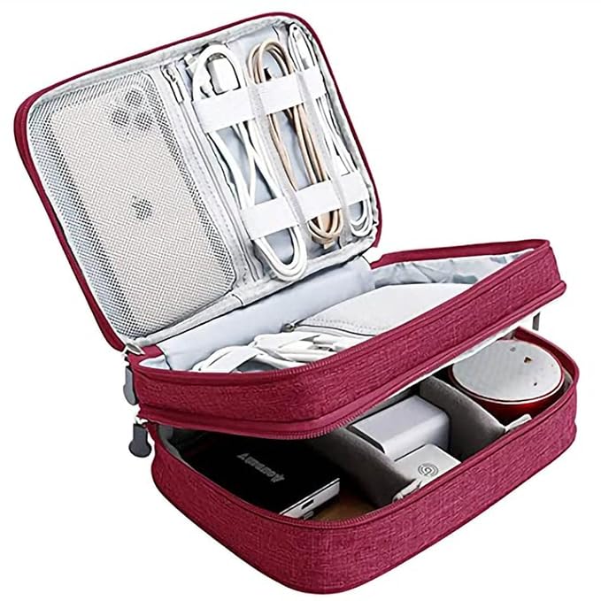 Anayo Electronics Accessories Organizer Bag Waterproof Travel Case Gadget Pouch for Cables, Charger, Power Bank, Memory Card, USB Drive, Mobile Phone, Camera, HDD, SSD - Dual Layer (Maroon)