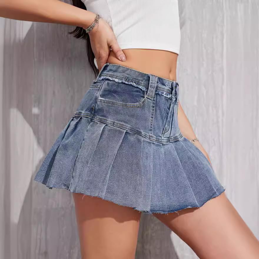 Women's Y2K Low Waist Pleated Mini Denim Skirt Ruffles Raw Edges Button Up Loose Fit A-Line Skater Skirt Party Wear4