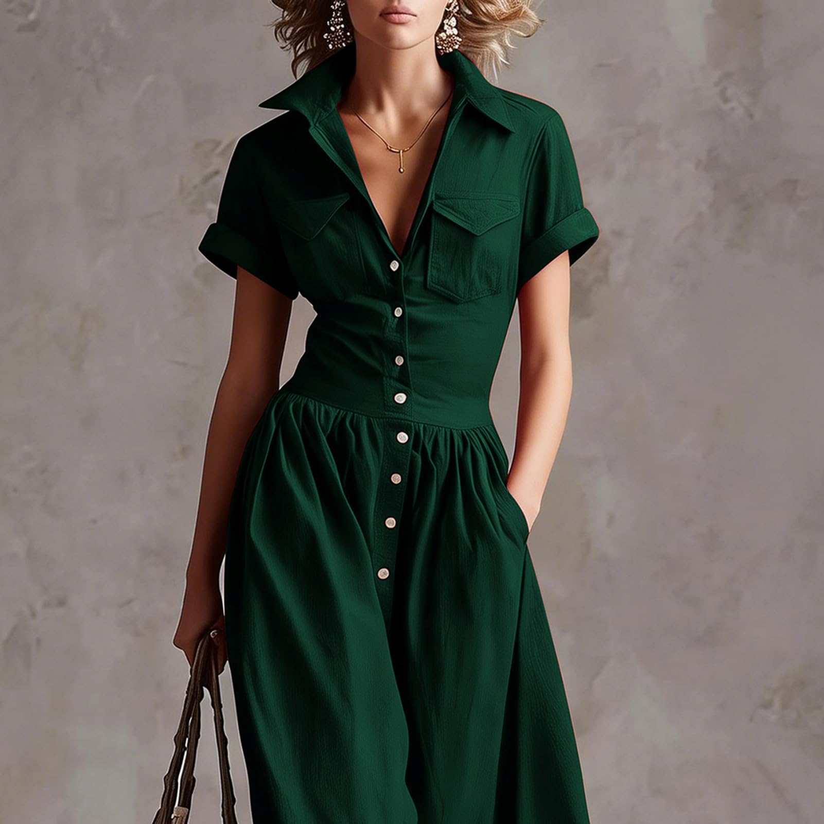 Robe chemise boutonnée à manches courtes pour femme, robe longue trapèze fluide avec poches, robe de style cowgirl occidentale pour l'été, la plage et le quotidien