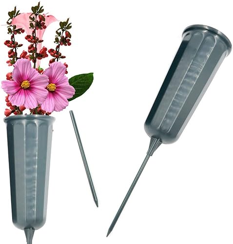 Evelots Juego de 2 jarrones de cono de cementerio, estacas de acero resistentes, conmemorativo junto a la tumba