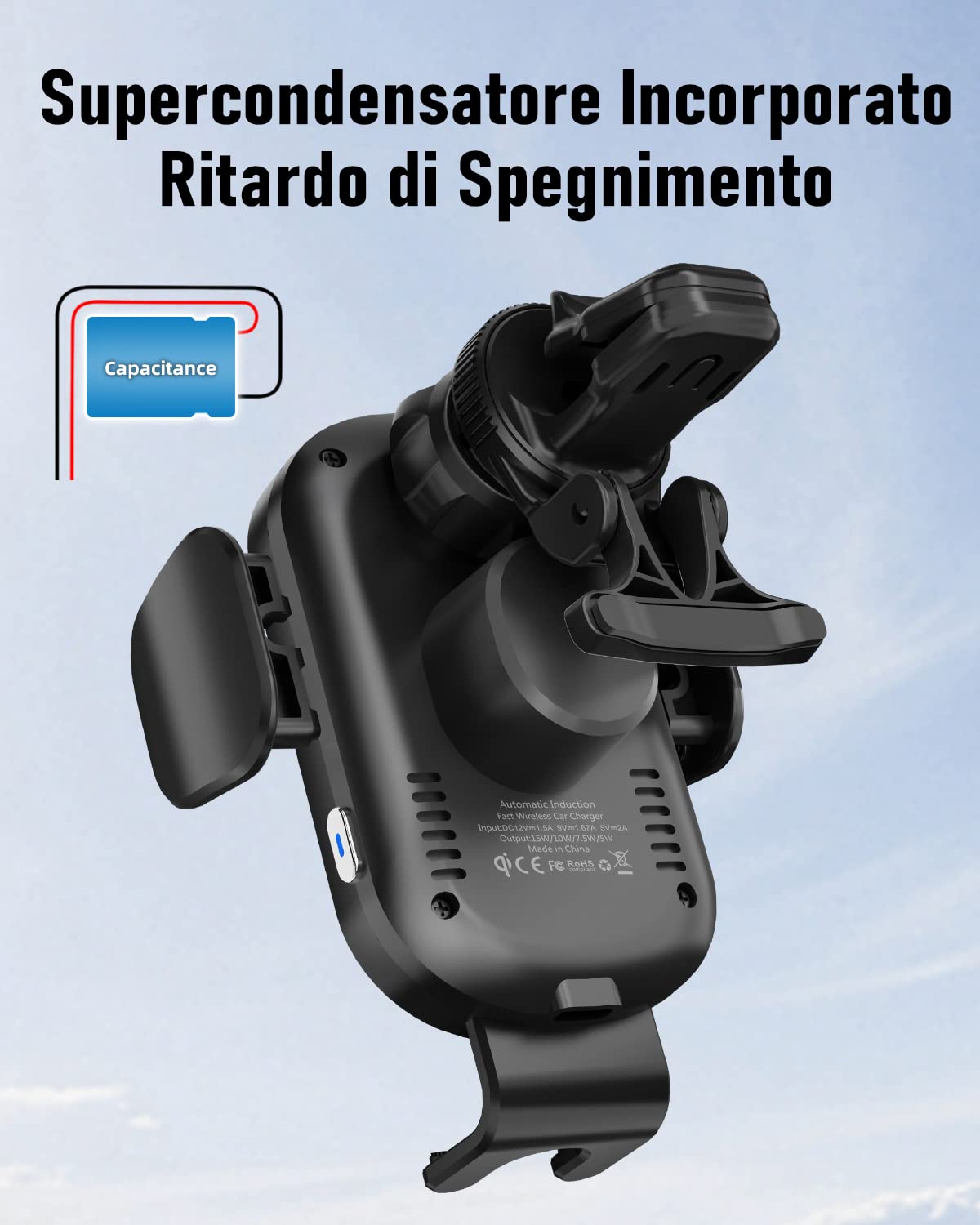 Beeasy Caricatore Wireless Auto Qi 15W- Ricarica Wireless Auto Rapida, Bracci di Auto-Bloccaggio, Supporto Telefono Auto Cruscotto per iPhone Samsung Huawei LG Ecc