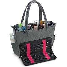 Quilted Shoulder Beauty Bag With Brush Storage Pocket Ideal for Cosmetic Bottles Brushes Grey