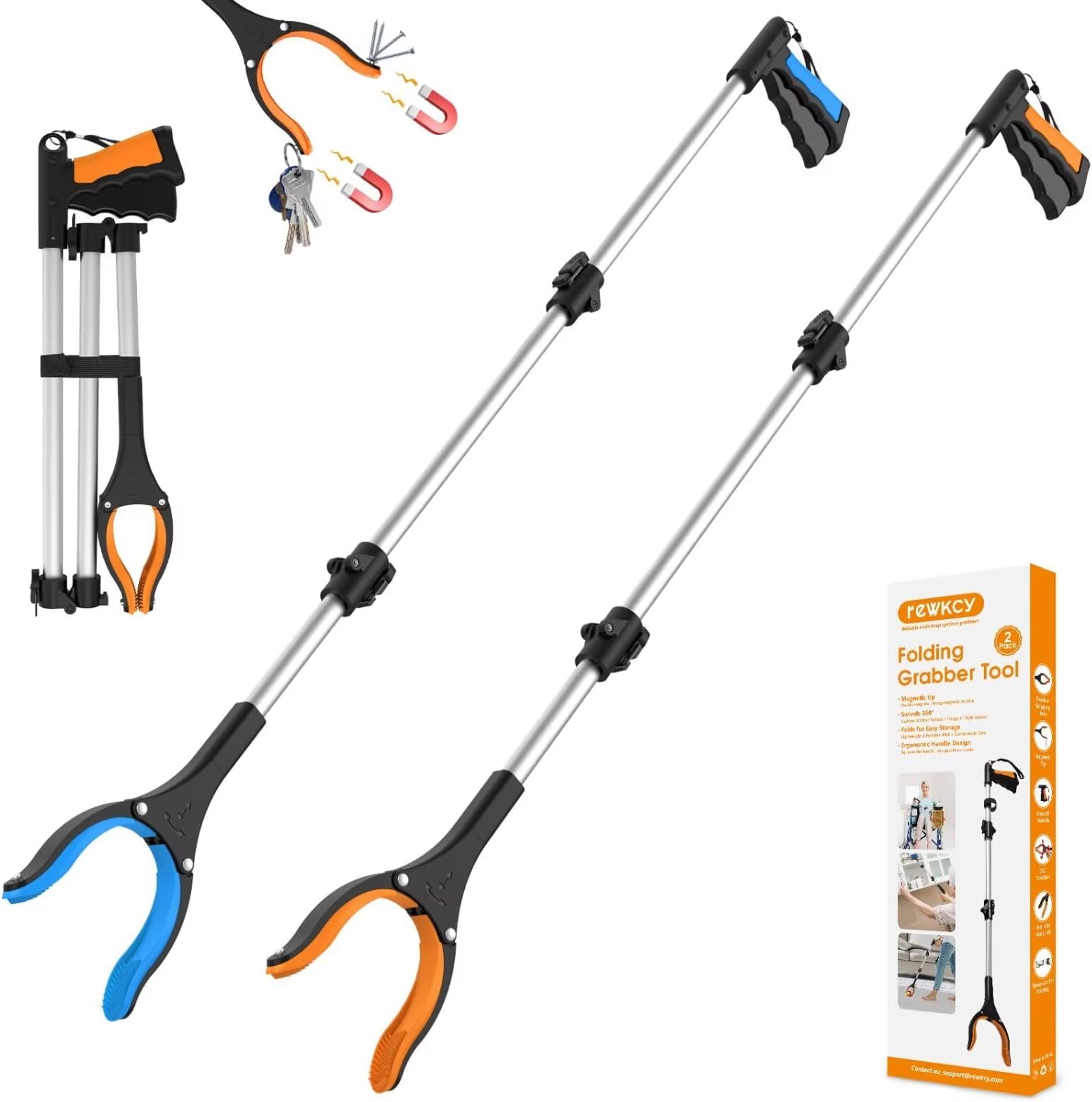 2-Pack 43" Extra Long Grabber Reacher Tool, Foldable Reacher Grabber Pickup Tool with 360° Rotating Jaw + Magnets, 4" Wide Claw Trash Picker Upper Grabber, Grabbers for Seniors Heavy Duty