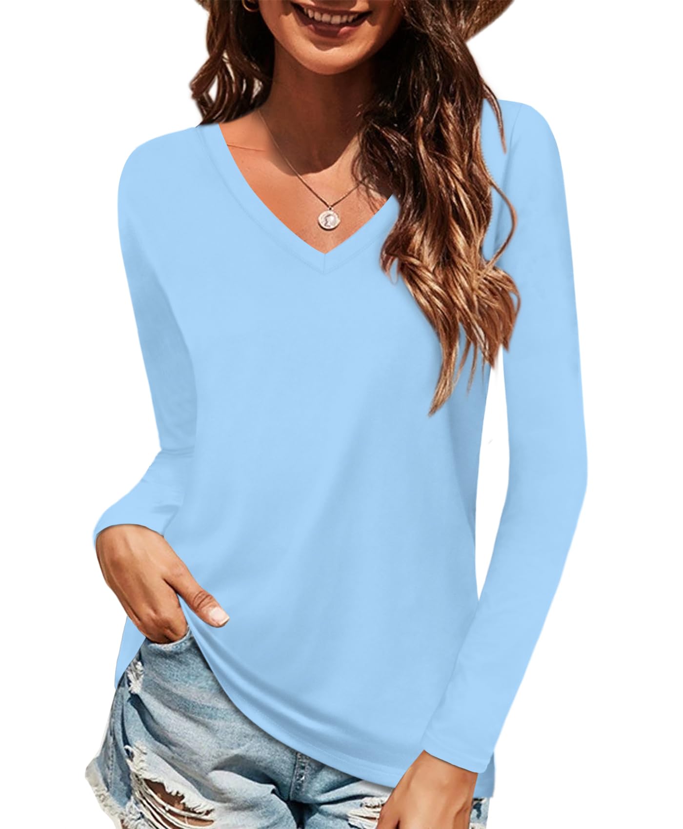 해외직구전문 쇼핑365 Elesomo Women Shirts V Neck Short/Long Sleeve Cotton Tops ...
