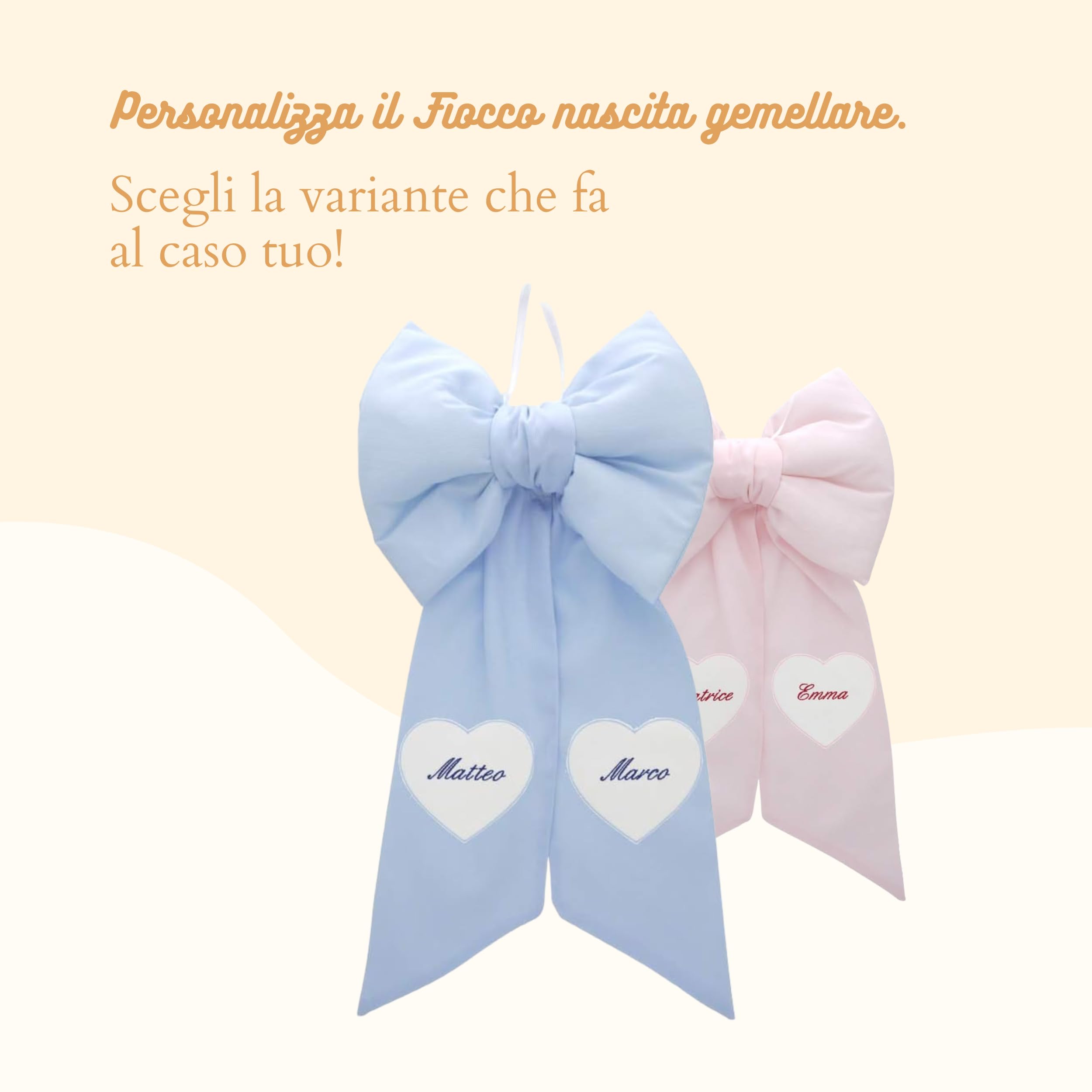 COCCOLE - Fiocco Nascita Bimbo Personalizzato Gemellare Azzurro - Fiocco Nascita per Gemelli in Tessuto Cotone Piquet - Fiocco Nascita Bimbo Personalizzato da Appendere in Casa e Regalare