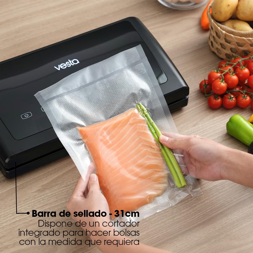 Vesta Precision Envasadora al Vacío Doméstica V11 con Barra de Sellado de 31cm | Panel Táctil con Varias Funciones, Incluye Bolsas de Envsar (Rollo), Color Negro, 8,9x38x19,9cm,