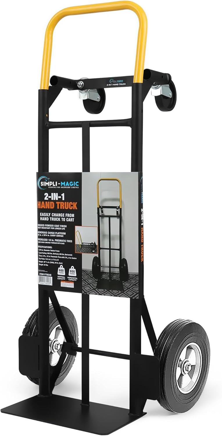SIMPLI-Magic 2 in 1 Convertible Hand Truck and Dolly, 800LBS – Heavy-Duty Moving Dolly Cart with 10" Flat Free Rubber Wheels & Handle Moving Hand Truck