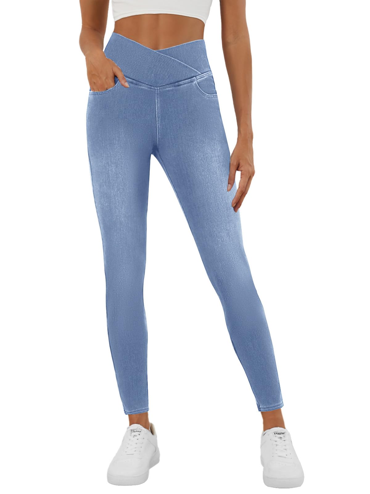 Stretchy Jeans for Women Trendy Butt Lifting Leggings with Pockets Crossover Waisted Jeggings Pull on Skinny Jeans