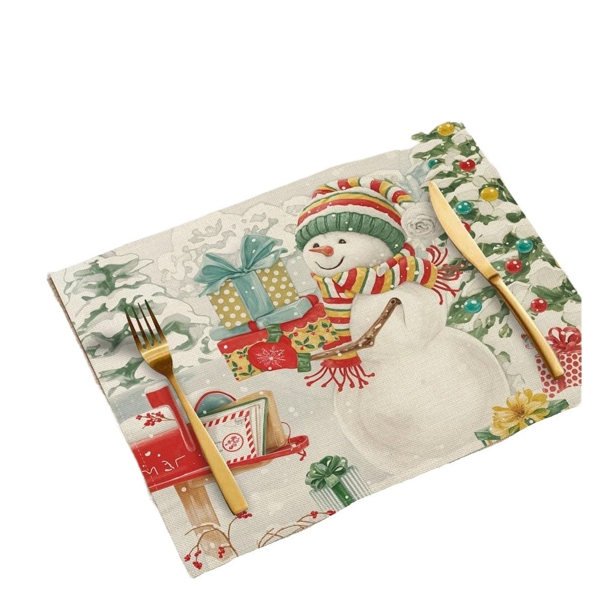 4Pcs Winter Christmas Placemats 45x30cm Elk Snowman Print Place Mats Linen Non Slip Heat Resistant Decoration Dining Table(BJT-250720000501,6Pcs-30X45cm(12X18in)