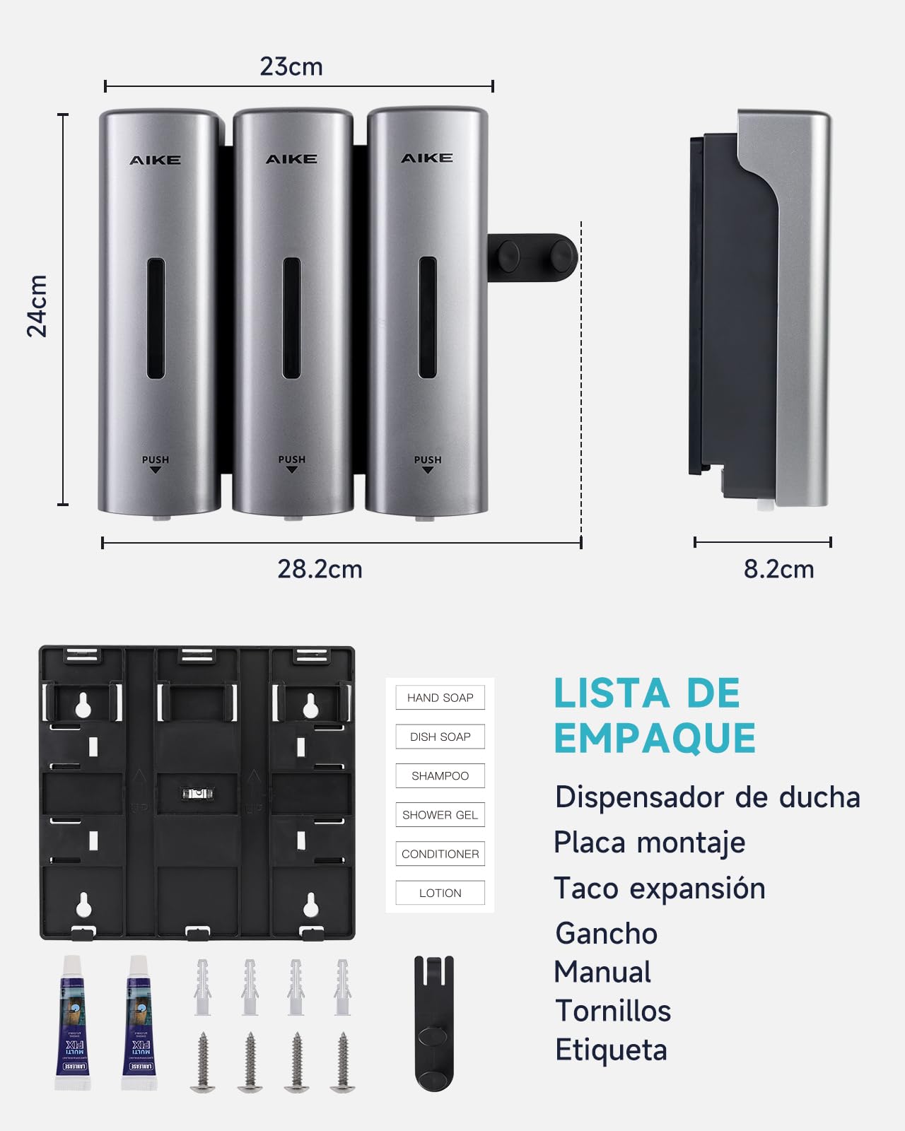 AIKE EasyPush Dispensador De Ducha, Montaje De Pared Sin Taladro para Champú & Acondicionador, Ahorra Espacio, Triple