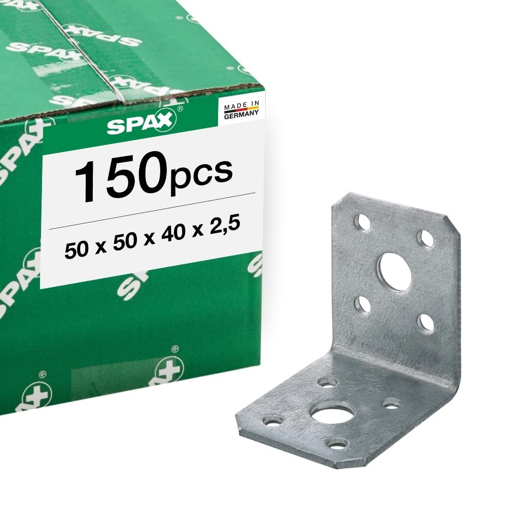 SPAX SXAC50 - Conector angular (50 x 50 x 40 mm, grosor de chapa de 2,5 mm, 150 unidades, acero galvanizado, madera a madera, hormigón y acero)