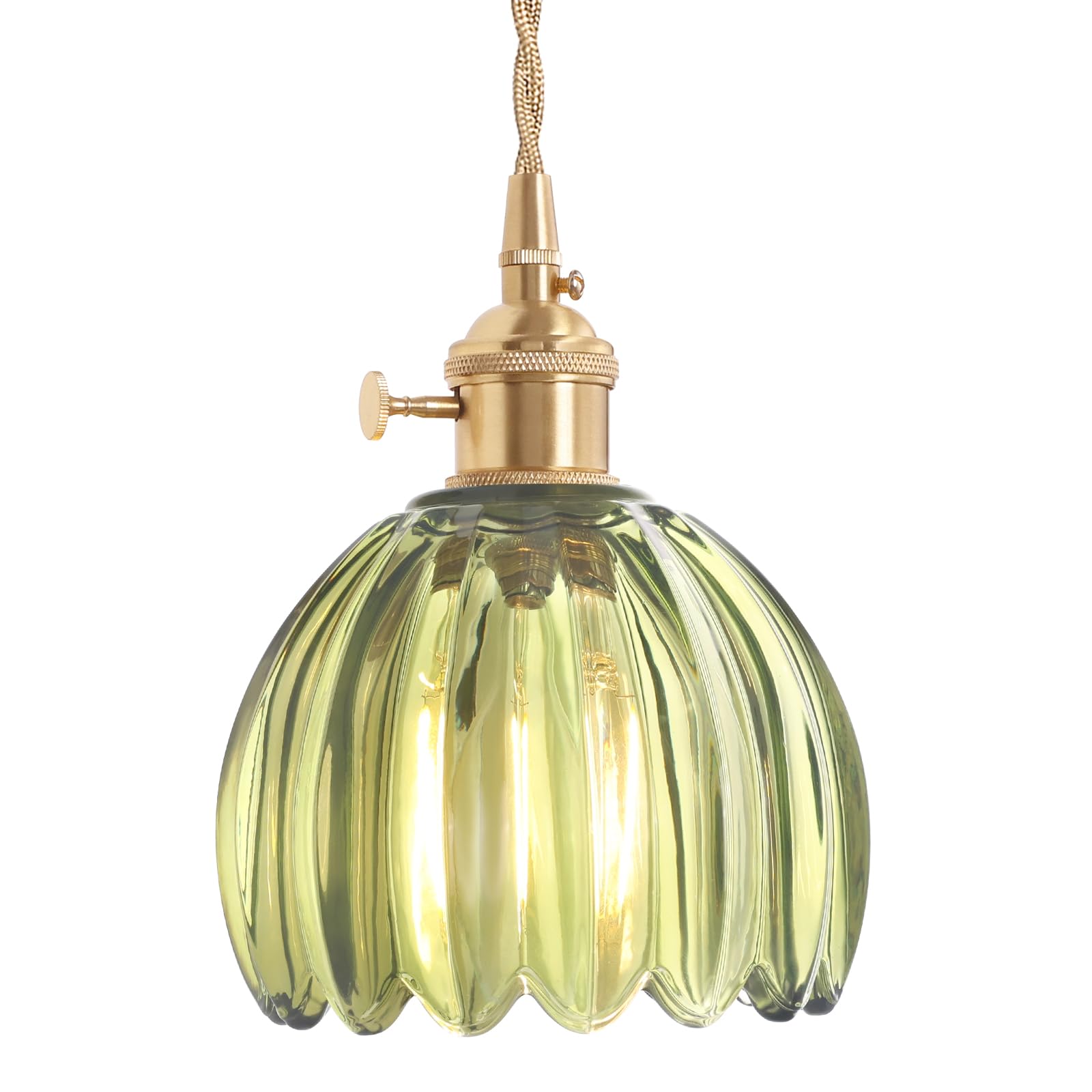 Pendant Light with Green Tulip Glass Lmapshade, Brass Vintage Pendant Light Adjustable Hanging Light for Kitchen Island Dining Room Hallway