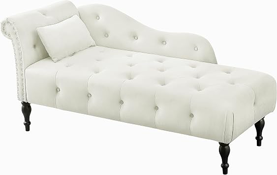 60" Chaise Lounge Indoor Velvet Button Tufted with Pillow, Nailhead Decorate Rolled Arm Chaise Lounge for Bedroom Living Room White