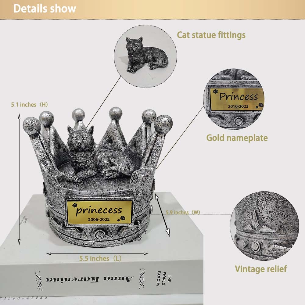 ORKLY Crown-Shaped Cat Urns for Ashes Personalized, Pet Urns for Cats Ashes with Cat Statue Indoor Decorative Cat Urn Loss of Cat Gift