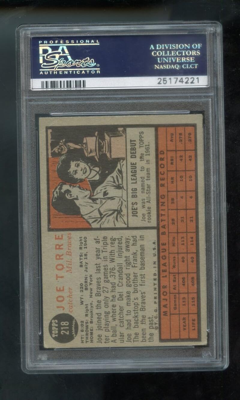 1962 Topps #218 Joe Torre ROOKIE RC PSA 4 Graded Baseball Card MLB Milwaukee Braves