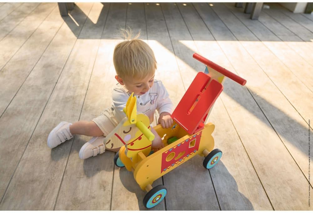 Janod Multi-Activities Wooden Llama Toddler Ride-On – Baby Sit-to-Stand Push Toy with Original Shape Sorter Accessories – Physical, Imaginative, and Developmental Play – Ages 12 Months+ (J08004)