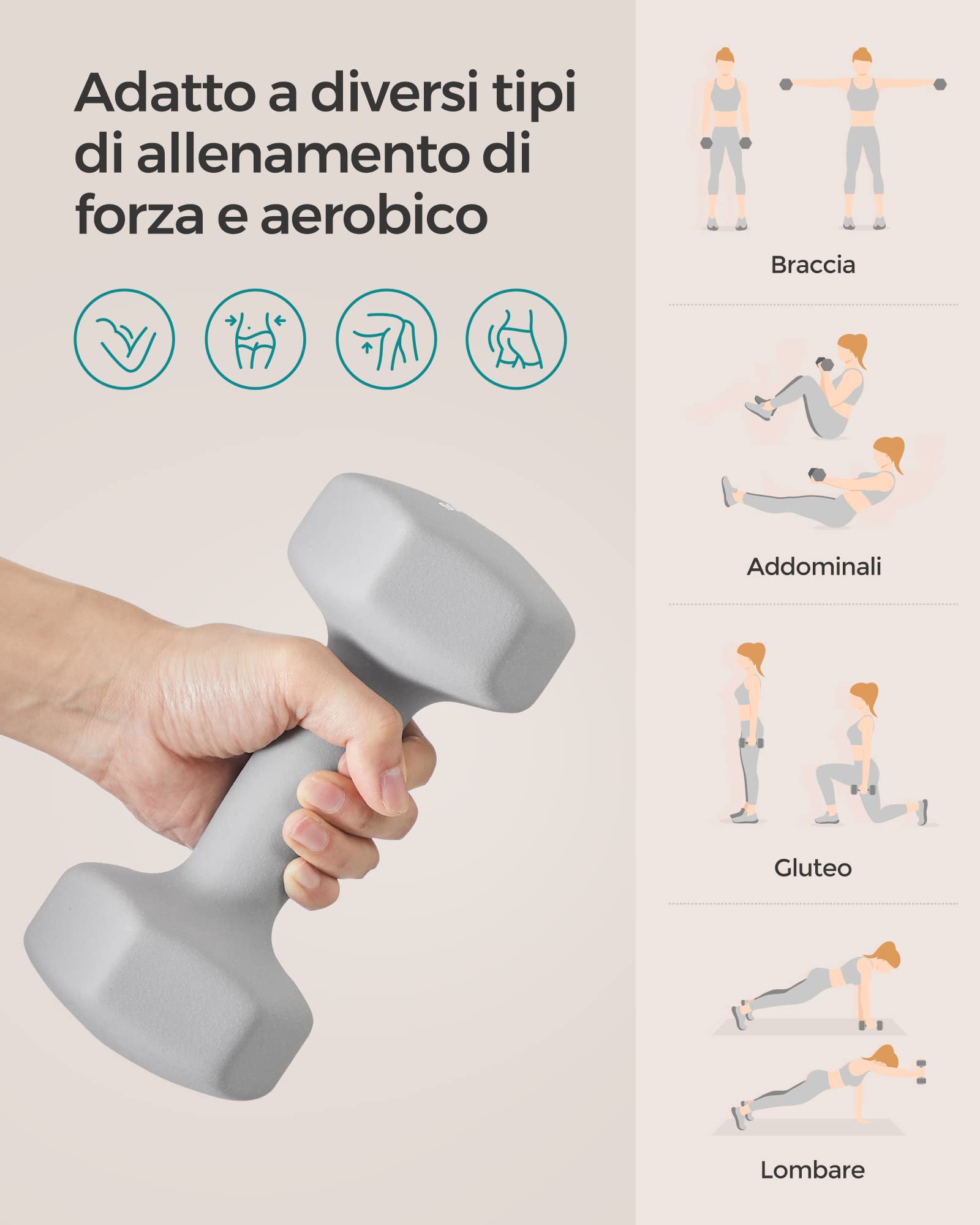 SONGMICS Set di 2 manubri, 2 x 5 kg, manubri corti, esagonali, rivestimento in neoprene, allenamento di forza, allenamento, fitness, casa, grigio tortora SYL910G01