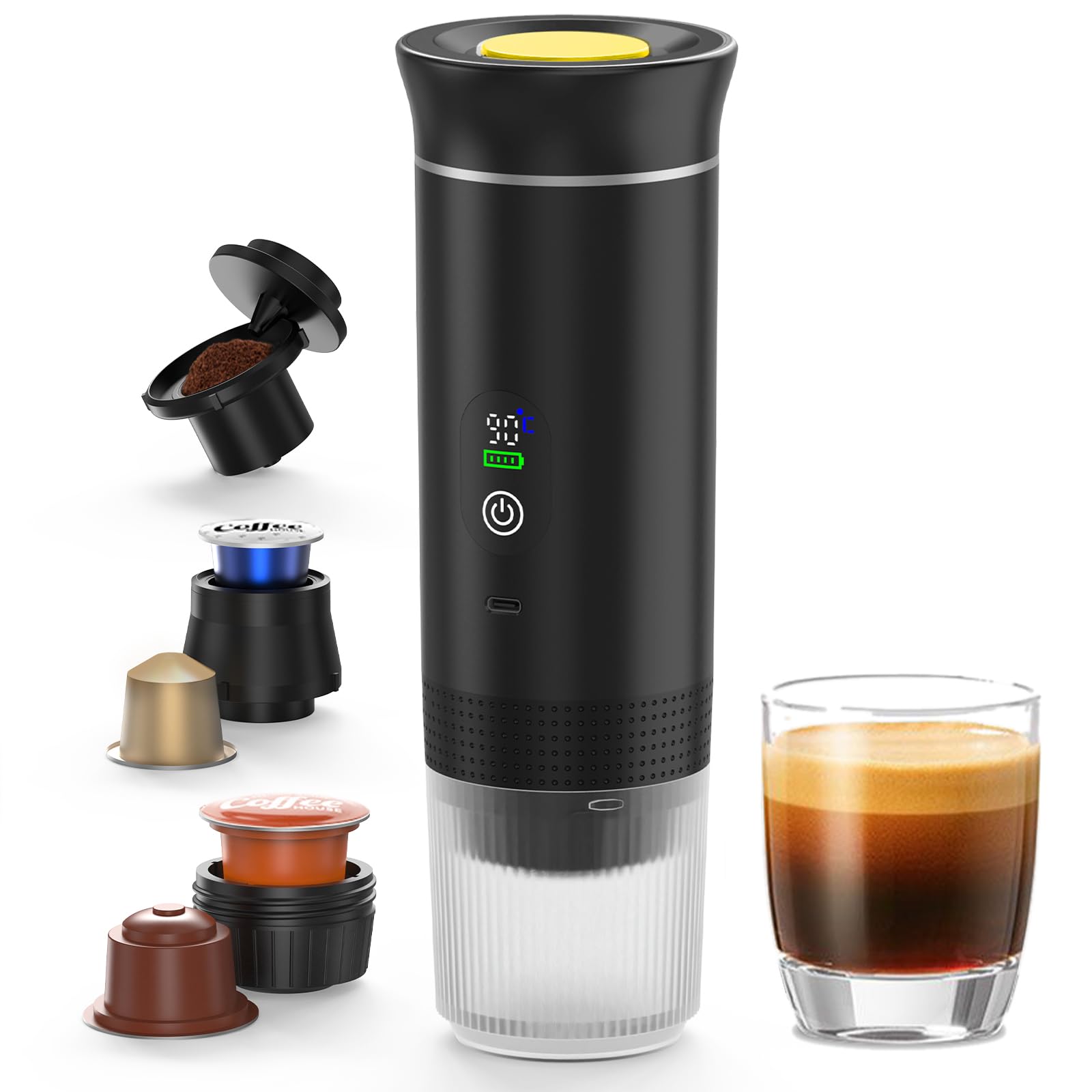 3 in 1 Battery Coffee Maker, Portable Coffee Maker with Screen, Compatible with Nespresso Capsules and Coffee Powder, Hot & Cold Rechargeable, Camping, Travel and Car