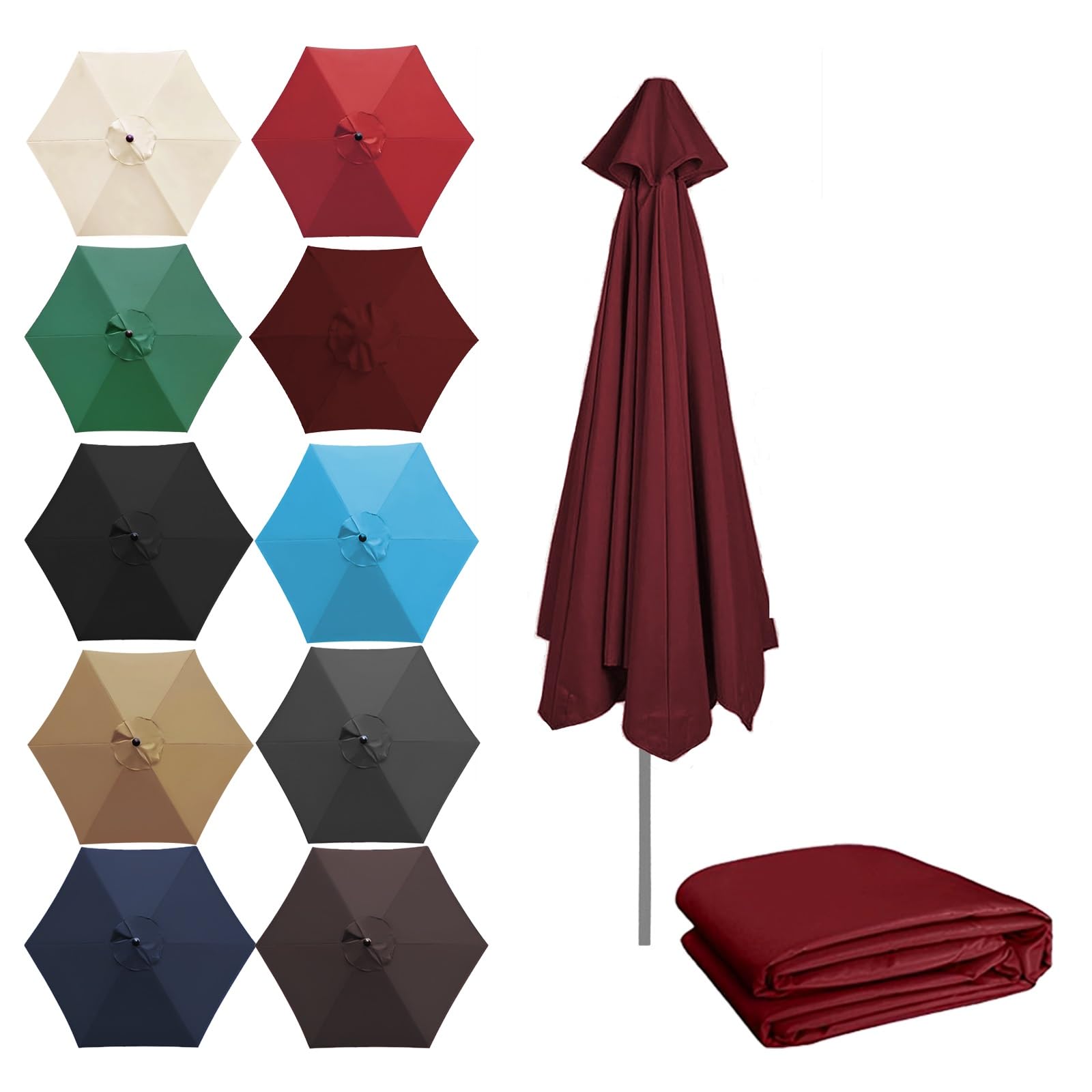 QIQVIV 200/270/300CM Umbrella Replacement Parasol Canopy, UV50+, Waterproof, 6/8 Ribs Sun Umbrella Replacement Cloth Garden Canopy Cover Replacement Cover(Wine red,(6Rib) 2m/78in)