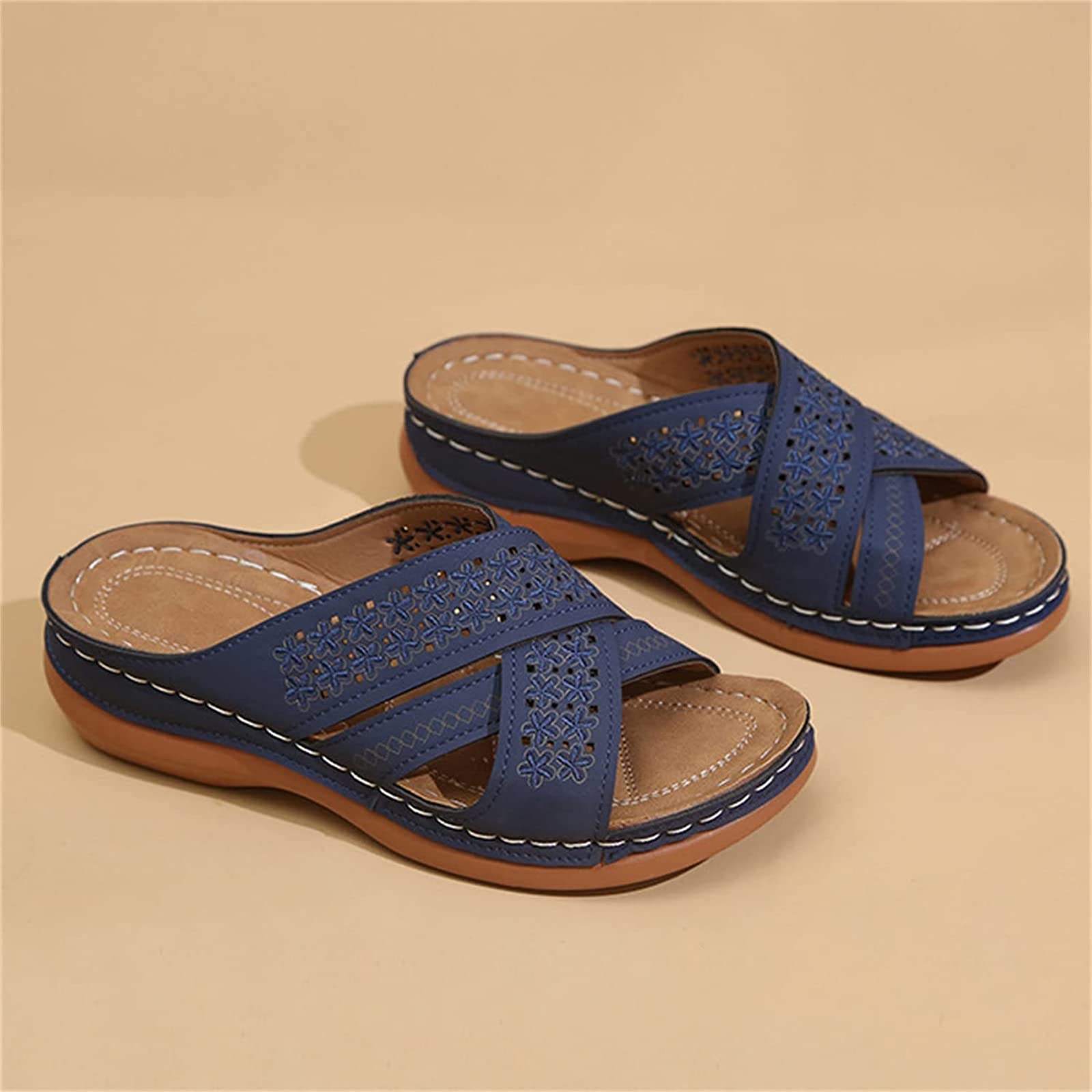 Omirel Women's Blue Wedge Sandals For Hollow Out Slip On Platform Sandals Summer Casual Sandals Walking Shoes Flowers Embroidered Open Toe Leather Mules Orthopedic Shoes,,Us7/Eu38