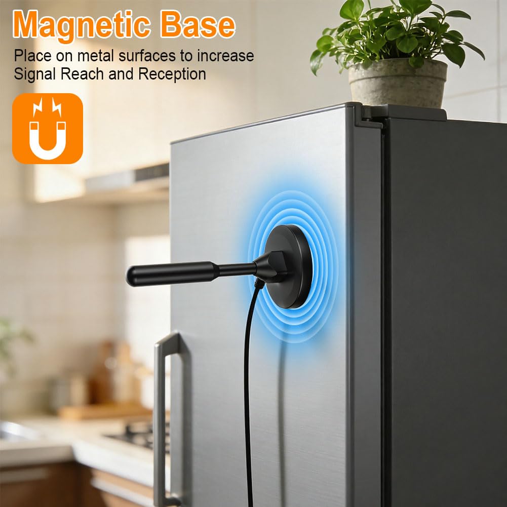 Antenna Tv Interna Amplificata Potente, Antenna TV Digitale HD, 360° Segnale Ricezione con Base Magnetica, Cavo Coassiale 5M per Smart TV/Radio