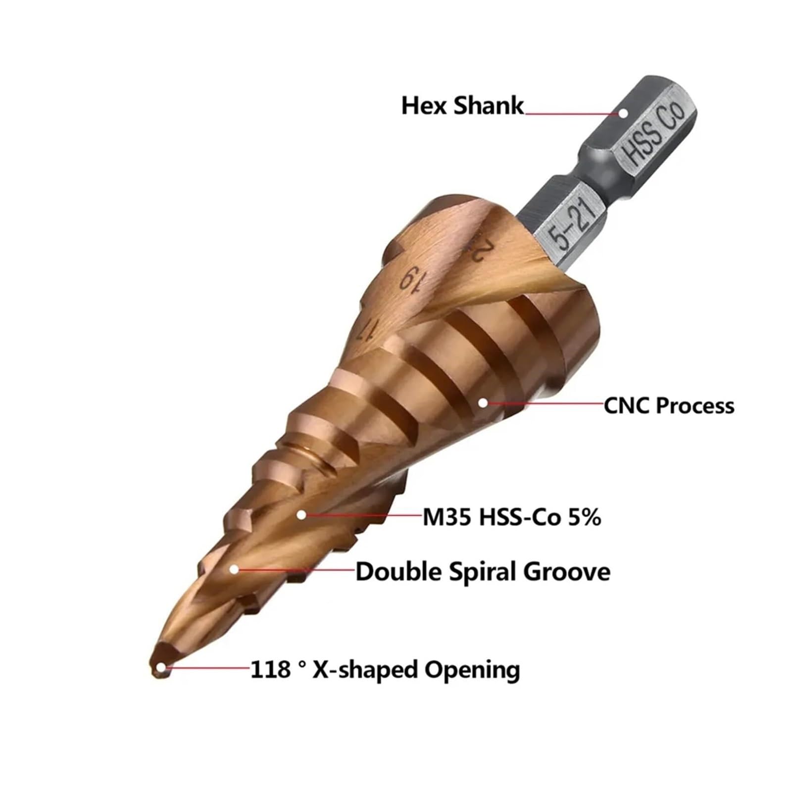 Wiertła do metalu, Wiertło spiralne z rowkiem, Wiertło stopniowe M35 5% kobaltu Wiertło HSS Co Cone Hex Shank do metalu(6 24mm)