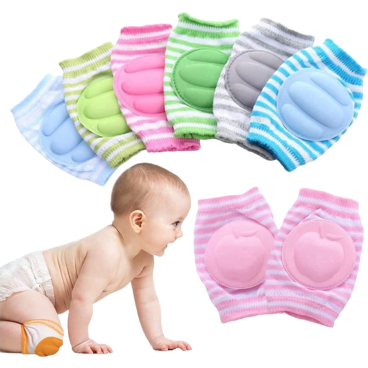Vaigzo 2 Pair Baby Knee and Elbow Pad Anti-Slip Padded Stretchable Elastic Cotton Soft Breathable Comfortable Leg Warmer Knee Cap Elbow Safety Protector (Multi Color) (LINING)