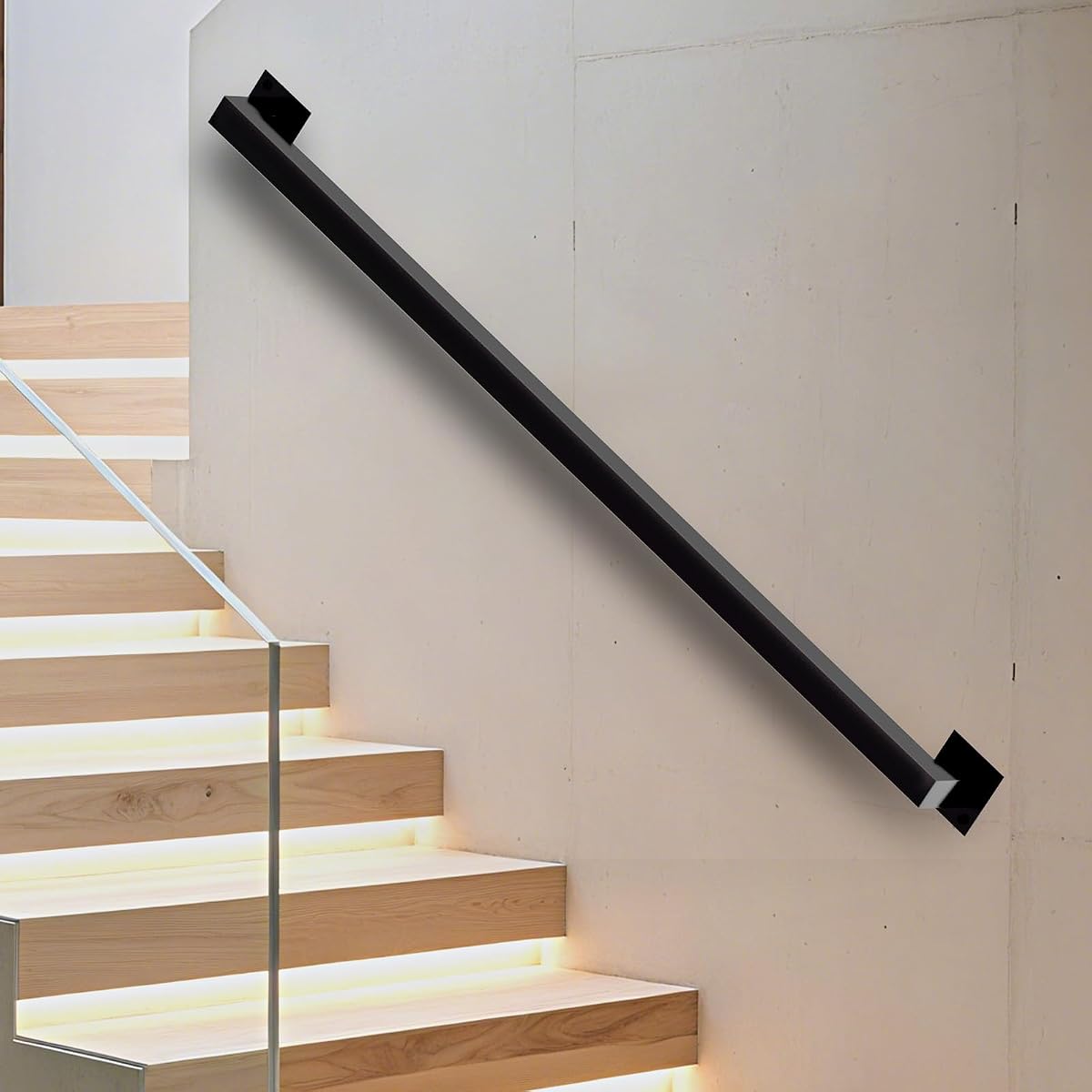 Barandilla de escalera de 10 pies para interiores, pasamanos de metal negro montado en la pared para escaleras, capacidad de carga de 500 libras, pasamanos de tubería industrial para escaleras interiores/uso al aire libre/hogar/loft/porche/cubierta, resistente al óxido (10 pies)