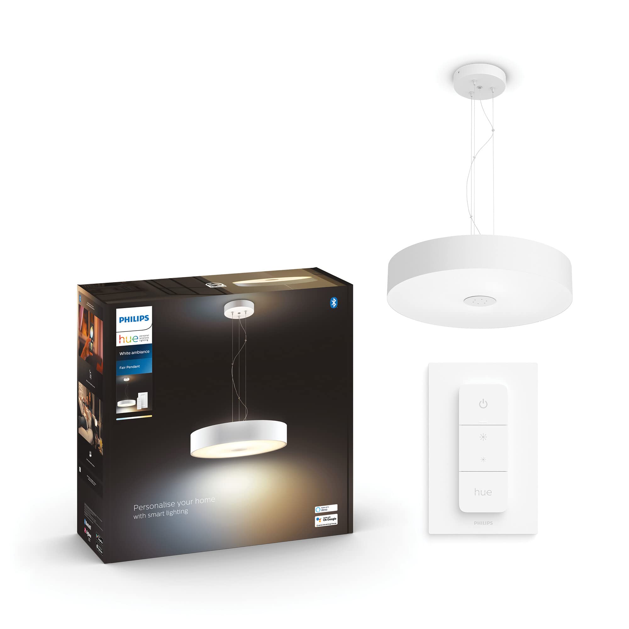 Philips Hue White Ambiance Fair Pendelleuchte weiß 2750lm inkl. Dimmschalter, dimmbar, alle Weißschattierungen, steuerbar via App, kompatibel mit Amazon Alexa (Echo, Echo Dot)